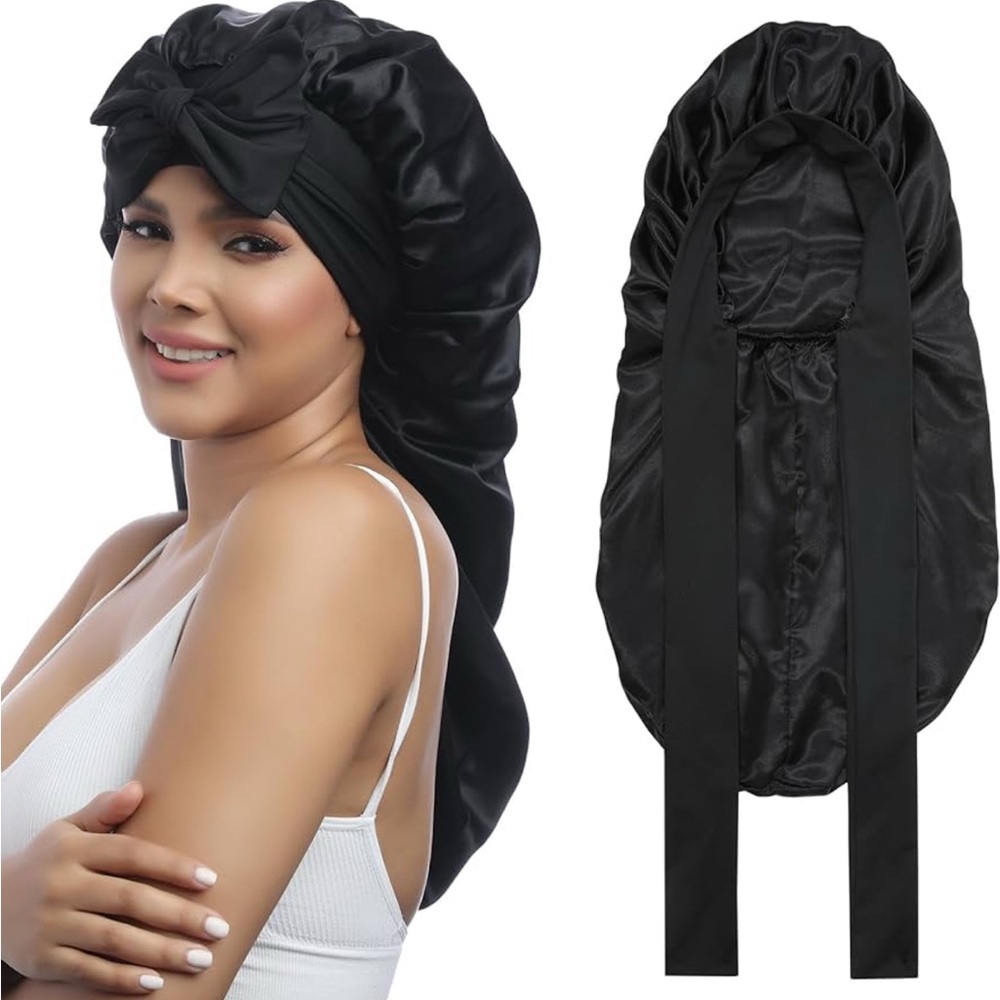 Amazon Black Satin Long Tail Bonnet with Bow